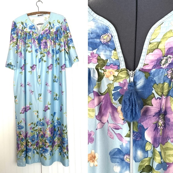 Vintage Dresses & Skirts - Vintage Nightgown Blue Purple Floral House Dress Zip Up Pom Pom Grandma XXl